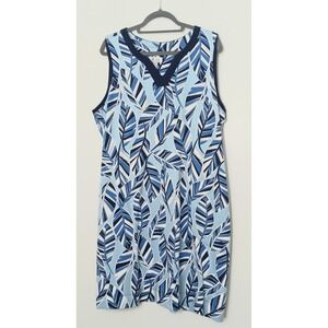 Denim & Co Dress Women's Size 1X Blue Botanical Leaves Tropical Sleeveless Preow